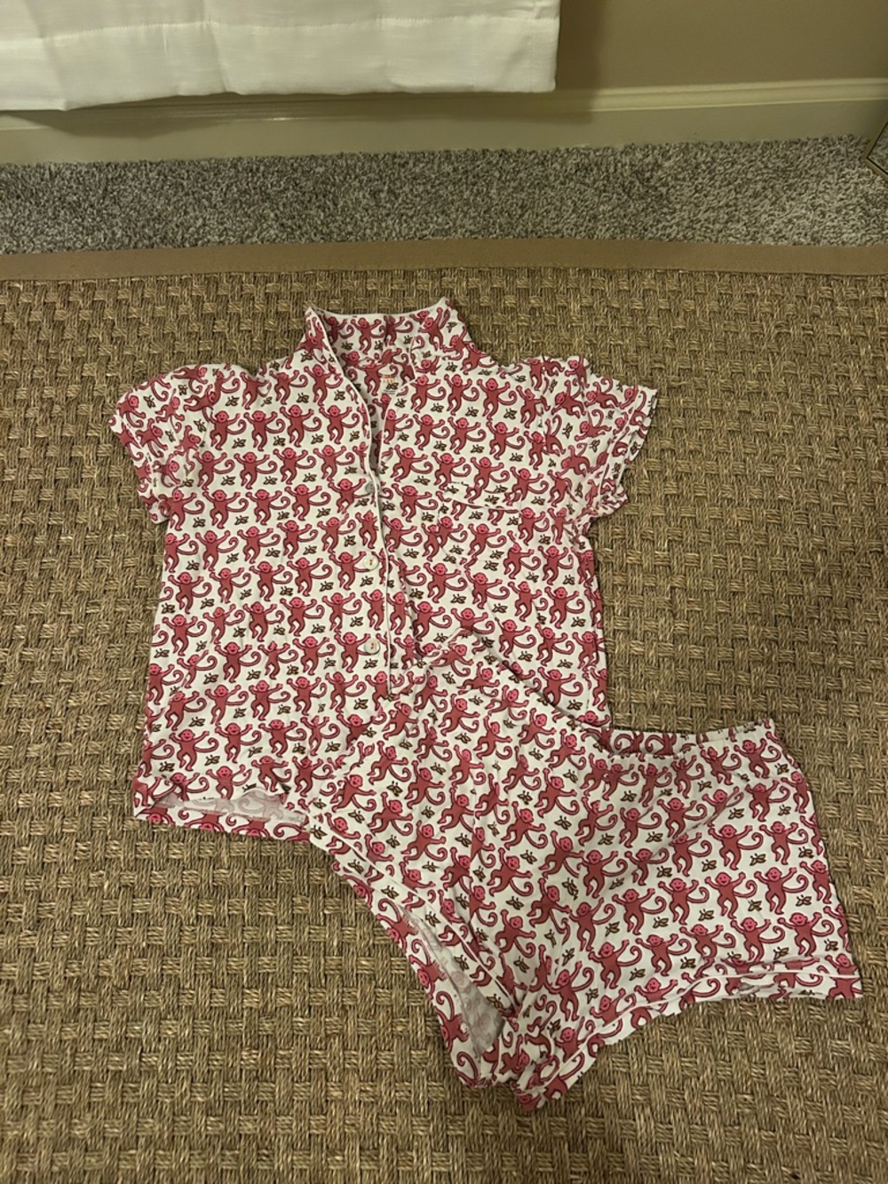 Roller Rabbit White and Pink Monkey Print Short Pajama Set